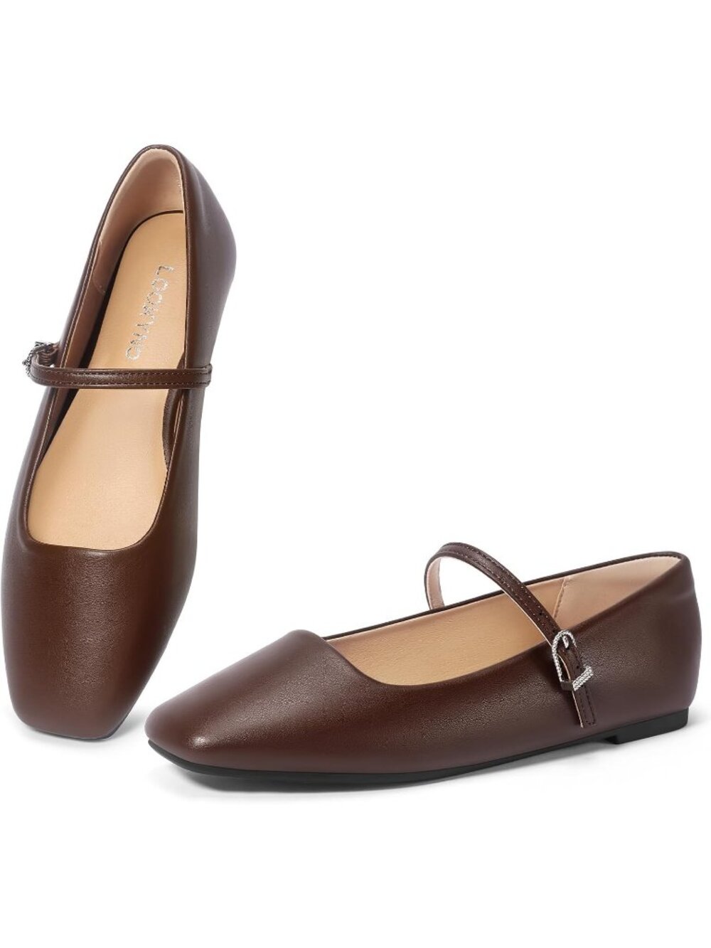 Women's Dark Brown Closed Toe Adjustable Buckle Strap Square Toe Ballet Flats